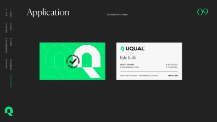 A dark-themed design mockup showing a green business card with a white logo on the left and a white UQUAL business card with contact details for Kyle Kolb on the right. The word Application is at the top left.