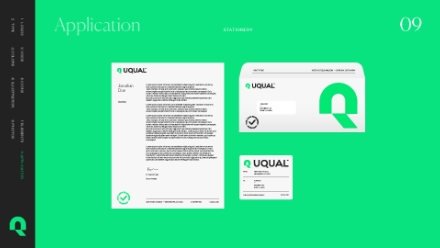 A bright green branding mockup displays a letterhead, envelope, and business card for “UQUAL,” all featuring a bold green “Q” logo and clear minimalist design elements.