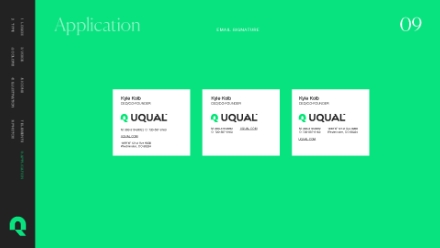 A green and black webpage displays three white cards labeled UQUAL in the center, each containing text and contact details. The left sidebar features navigation menu items, and the top right corner displays the number 09.