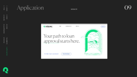 A dark-themed web page titled Application displays a screenshot of Uquals website, featuring the text Your path to loan approval starts here with graphical green illustrations and navigation links around the edges.