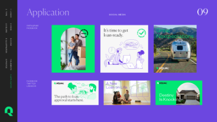 A colorful application dashboard with six boxes, each showing images or illustrations about loans, including families, homes, and a trailer, on a purple background with white and green accents.