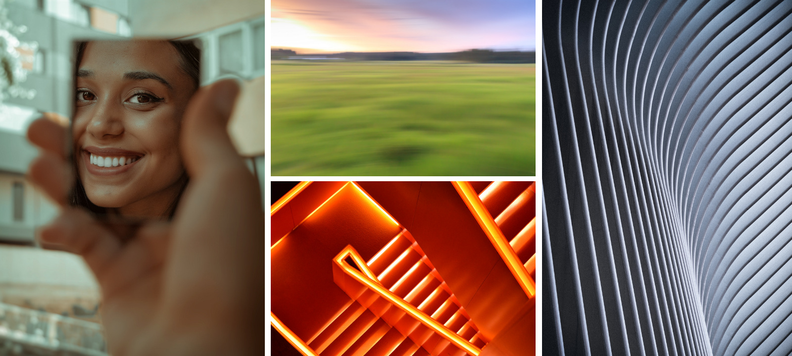 A collage of four images: a woman smiling in a mirror shard, a blurred landscape, a neon-lit orange staircase, and abstract curved gray architectural lines.