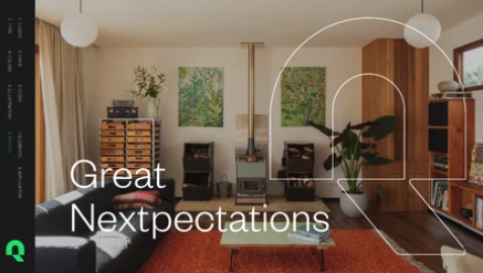 A cozy living room with a wood stove, houseplants, two paintings, and a stack of drawers. Text on the image reads Great Nextexpectations with graphic design elements.