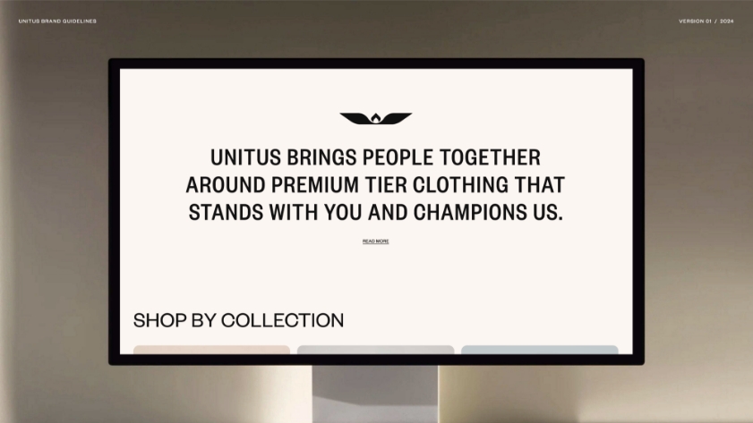 A computer monitor displays the message: UNITUS brings people together around premium tier clothing that stands with you and champions us. Below, there is a SHOP BY COLLECTION section.