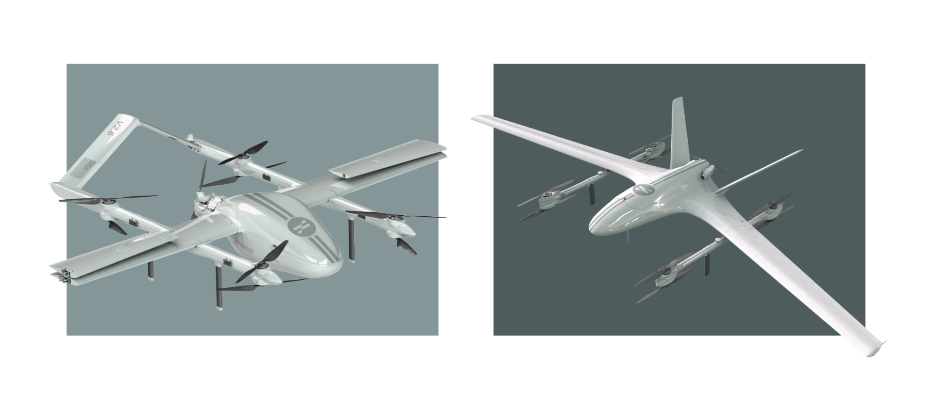 Two white medical drones with multiple propellers are shown from different angles against teal backgrounds. One drone displays a medical cross symbol, indicating it is used for healthcare or emergency deliveries.