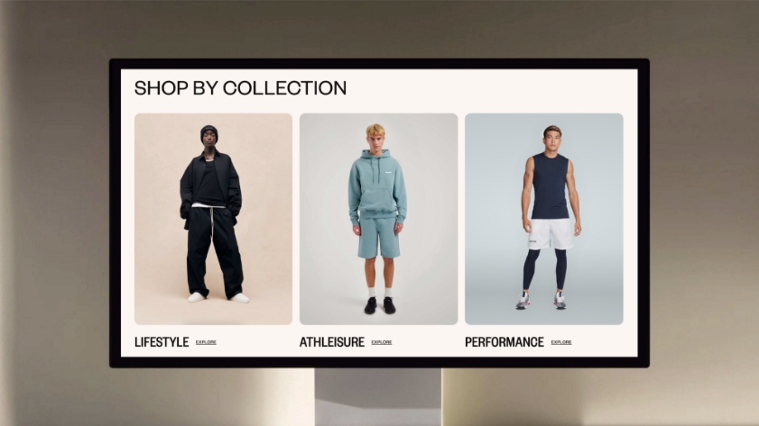 A screen displays three fashion collections: Lifestyle (model in a black outfit), Athleisure (model in a teal hoodie and shorts), and Performance (model in a navy sleeveless top and white shorts).
