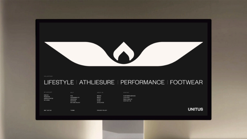 A computer monitor displays a black screen with a white, stylized winged logo and text reading LIFESTYLE | ATHLEISURE | PERFORMANCE | FOOTWEAR along with the brand name UNITUS at the bottom right.