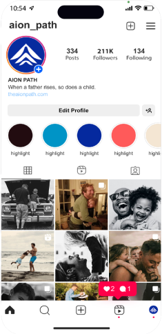 Instagram profile page for aion_path showing profile details, five story highlights in various colors, and a grid of nine photos featuring people, couples, and families in joyful moments.