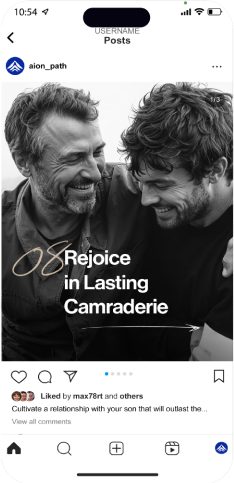 Black-and-white photo of two men smiling and embracing, looking at each other. Text reads: 08 Rejoice in Lasting Camraderie. Instagram post interface with a caption about father-son relationships is visible below.
