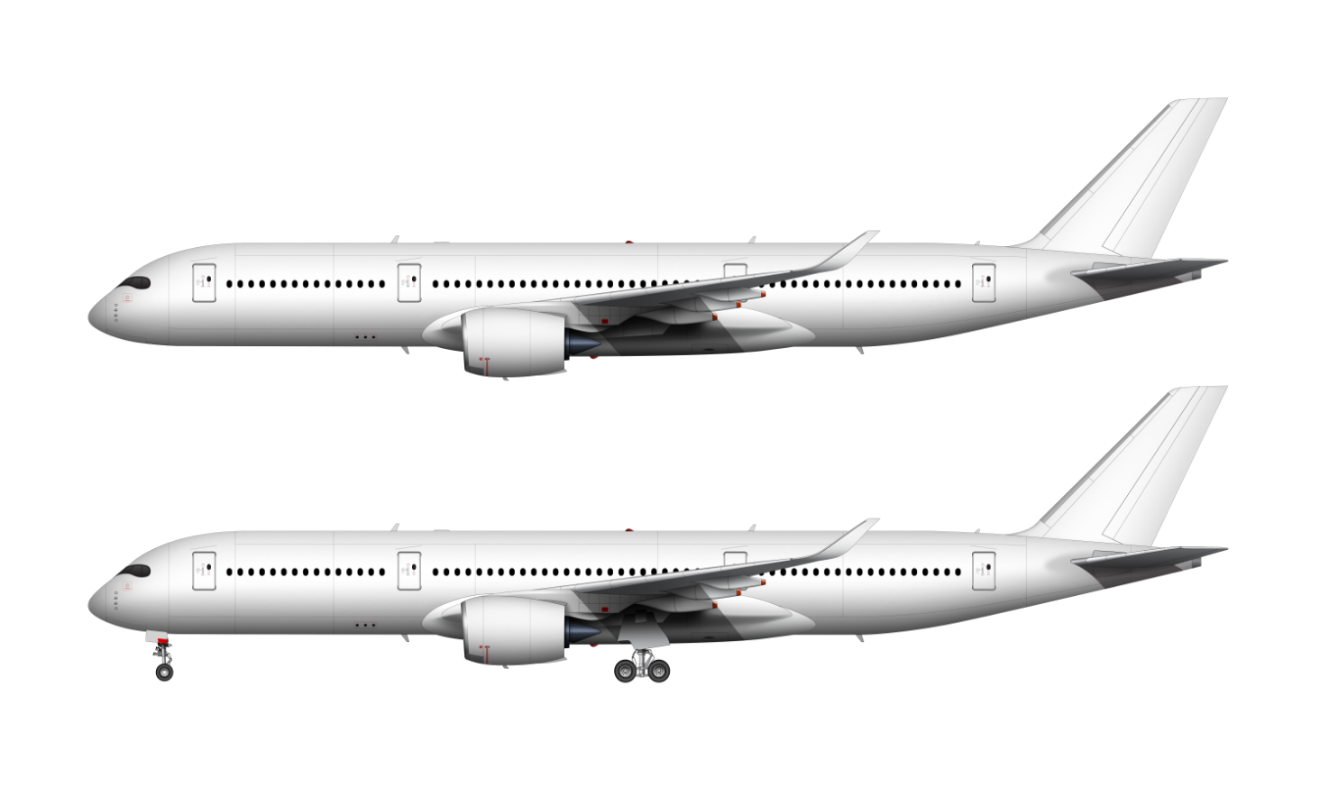Two side-view illustrations of a white commercial airplane: the top plane has its landing gear retracted, while the bottom plane has the landing gear extended for landing or takeoff.