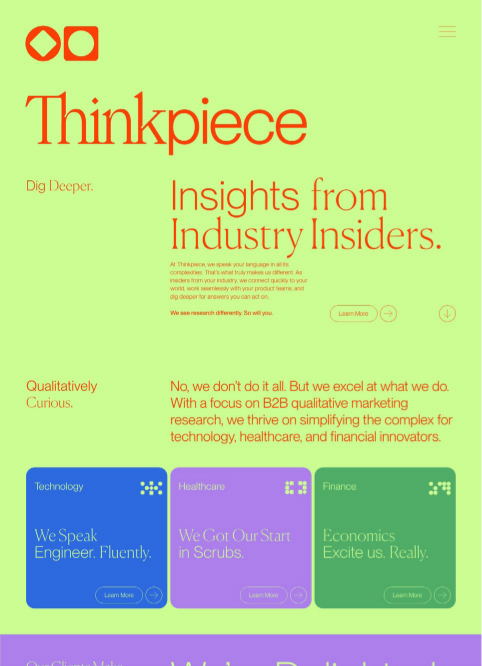 A website homepage with a light green background and red and blue text. Headings read Thinkpiece and Insights from Industry Insiders. Three colored boxes at the bottom are labeled Technology, Healthcare, and Finance.