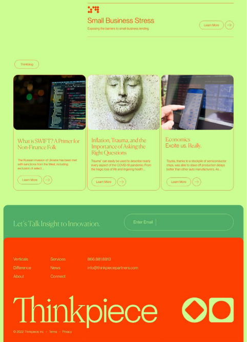 A webpage titled Small Business Stress features three articles with images: code on a screen, a face sculpture, and a hand holding a phone. The footer displays contact info and the orange Thinkpiece logo.