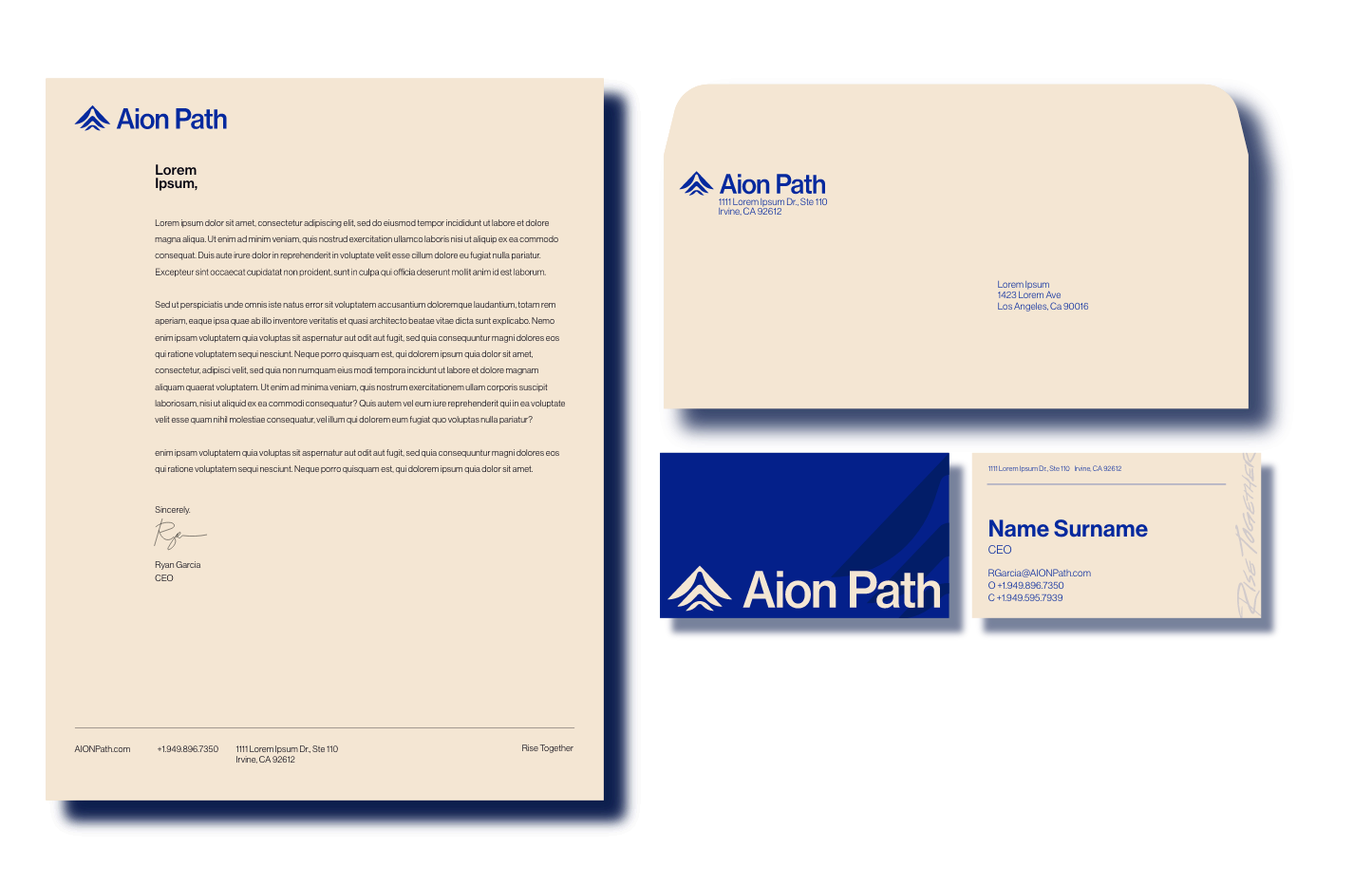 A set of Aion Path branded stationery, including a letterhead, envelope, and business card, all featuring a blue logo, company name, and contact details on a beige background.