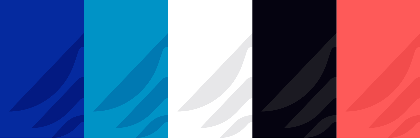 Vertical stripes in blue, teal, white, black, and red, each with a subtle feather-like shadow pattern overlaying the color.