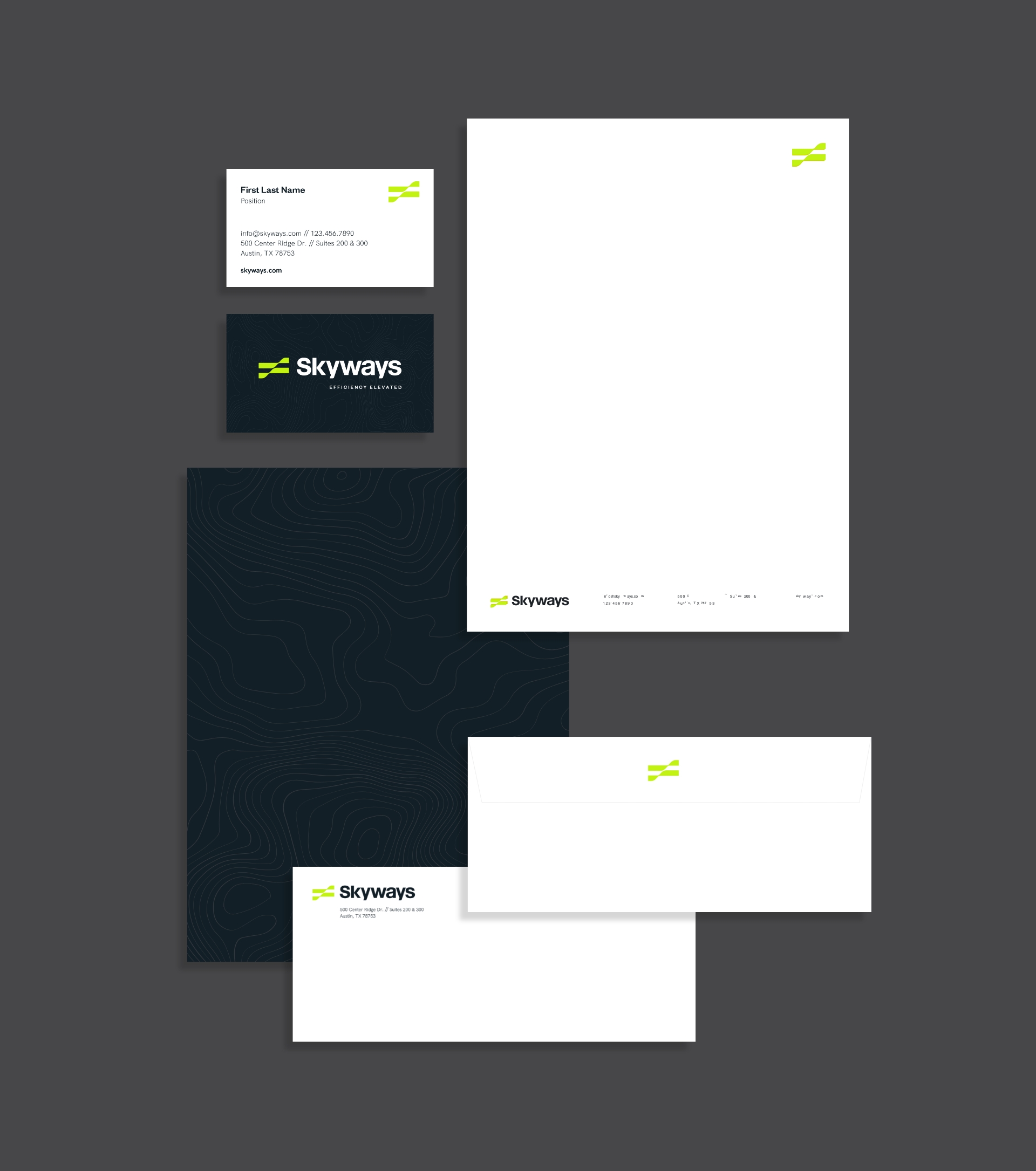 A set of branded stationery for Skyways, including a business card, letterhead, folder, and envelopes, featuring a green logo and minimalist design on a dark gray background.