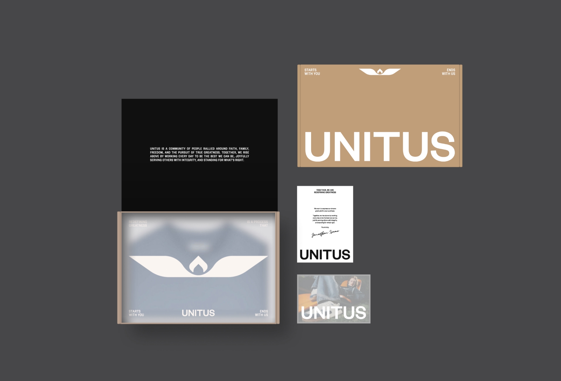 A branding set for UNITUS displayed on a dark background, including a brown box, a card with bold white UNITUS text, a black card with white text, a blurred image with a wing logo, and two printed cards.