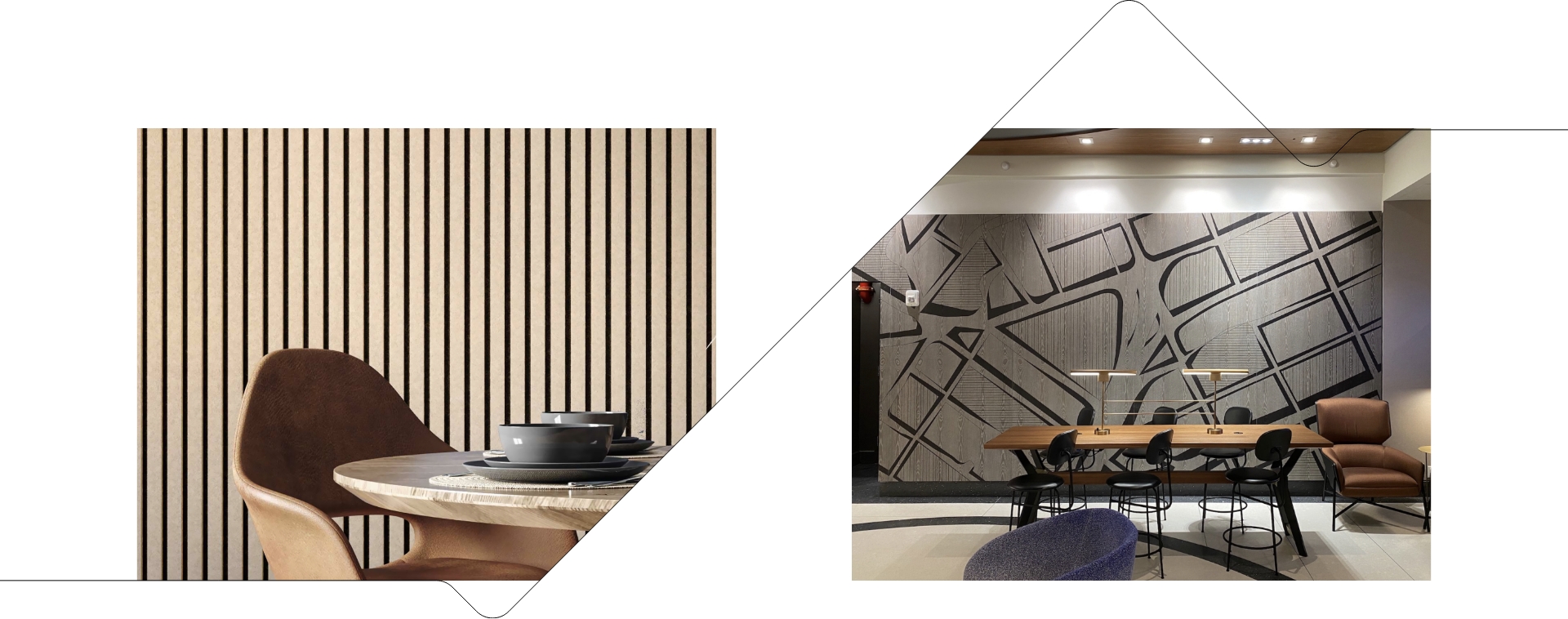Contemporary dining areas with modern furniture: left shows a close-up of a table with brown chairs and striped wood wall; right features tables, chairs, and a geometric-patterned accent wall.
