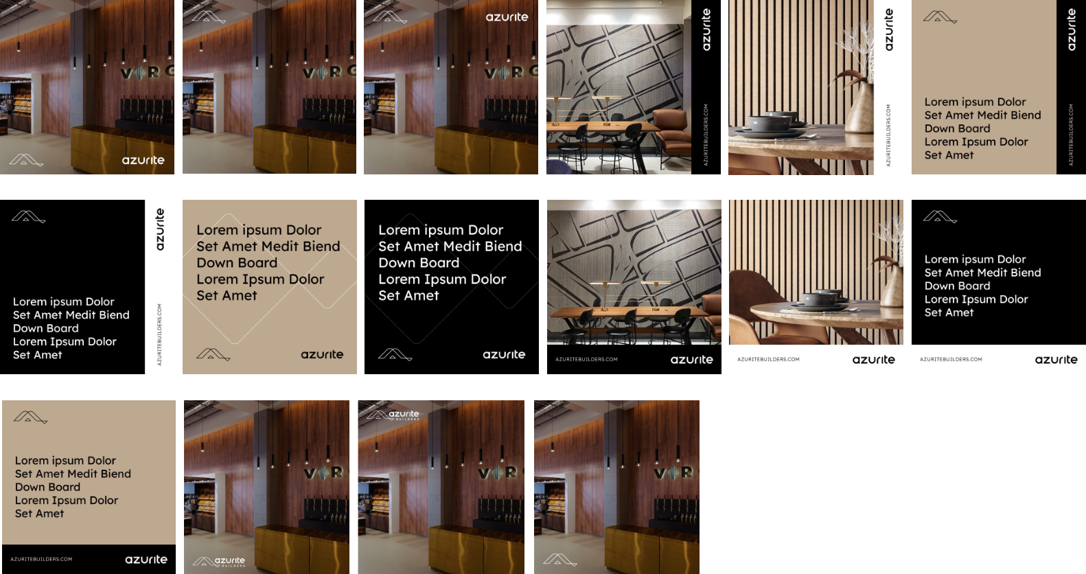 A collage of modern interior design images displays sleek, stylish rooms with wood and metal accents, accompanied by placeholder text blocks in beige, black, and white, featuring the words Lorem ipsum dolor set amet.