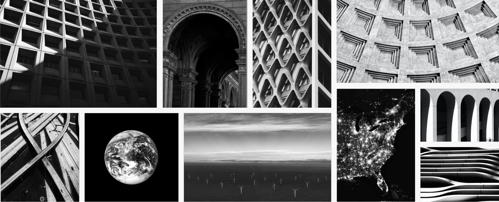 A collage of black-and-white images featuring architectural patterns, arches, geometric facades, the Pantheon dome, the Earth, wind turbines at sea, a map of city lights, and curving, modern buildings.