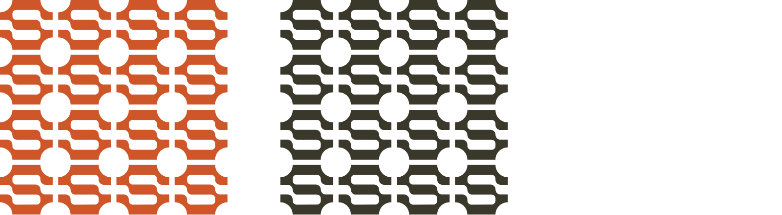 Geometric pattern with repeated rounded shapes in three vertical panels: left in orange, center in black, and right in light gray on a white background. Each panel features the same design in different colors.