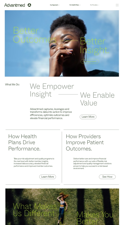 A clean website homepage for Advantmed features a smiling woman outdoors, green headline text, navigation menus, and sections highlighting outcomes, insight, value, and healthcare improvement services.