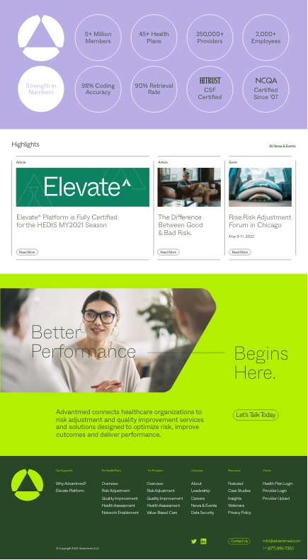 A website page for Advantmed shows healthcare platform stats, news highlights, and a call to action. The design uses green and white tones, with circular icons and an image of a woman in glasses smiling in a meeting.