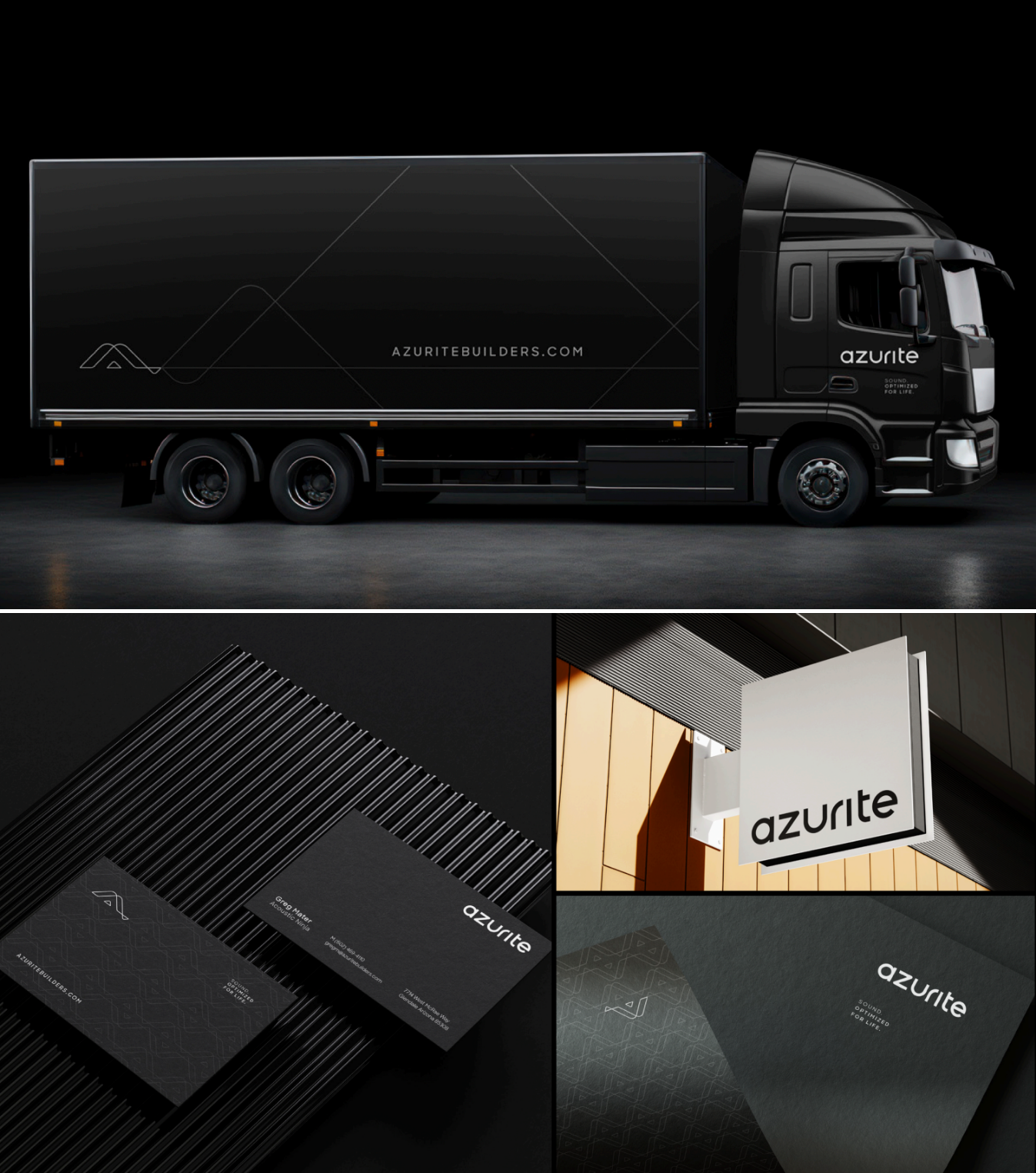 A branding set for azurite featuring a black truck with minimalist graphics, black business cards with geometric patterns, and a sleek, white exterior sign with the company logo.