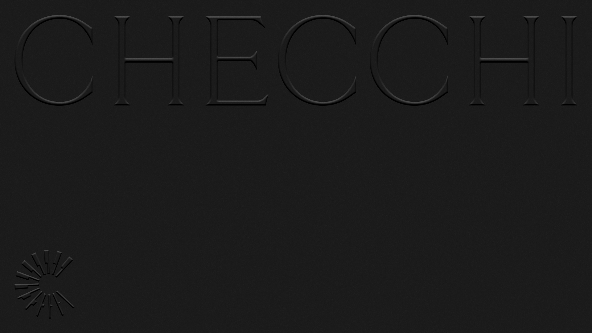 Black background with the word “CHECCHI” in large, embossed, uppercase letters at the top. A small, circular, sunburst-like embossed logo appears in the bottom left corner.
