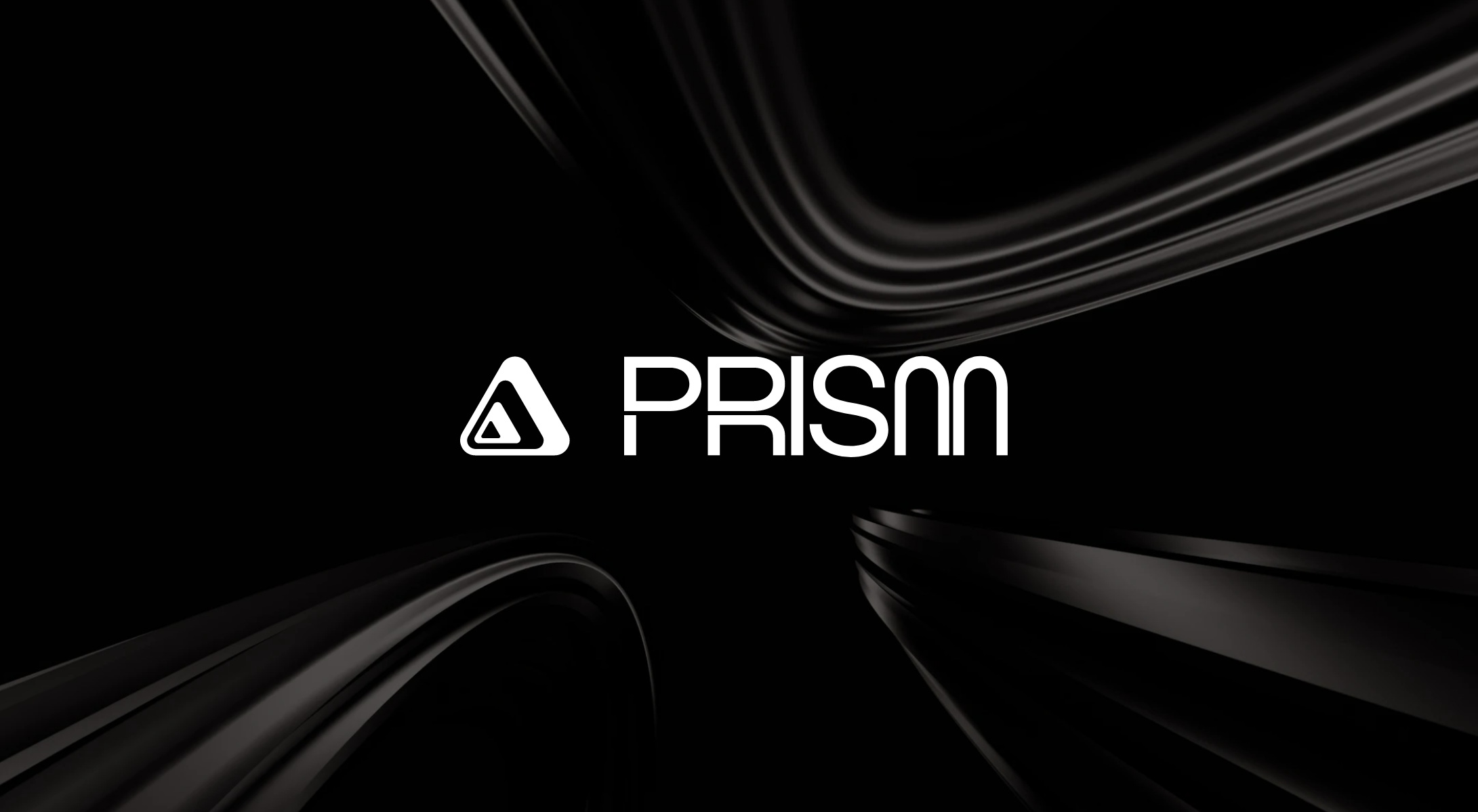 A stylized triangular logo and the word PRISM in modern white font are centered on a black background with sleek, curved, glossy shapes framing the edges.