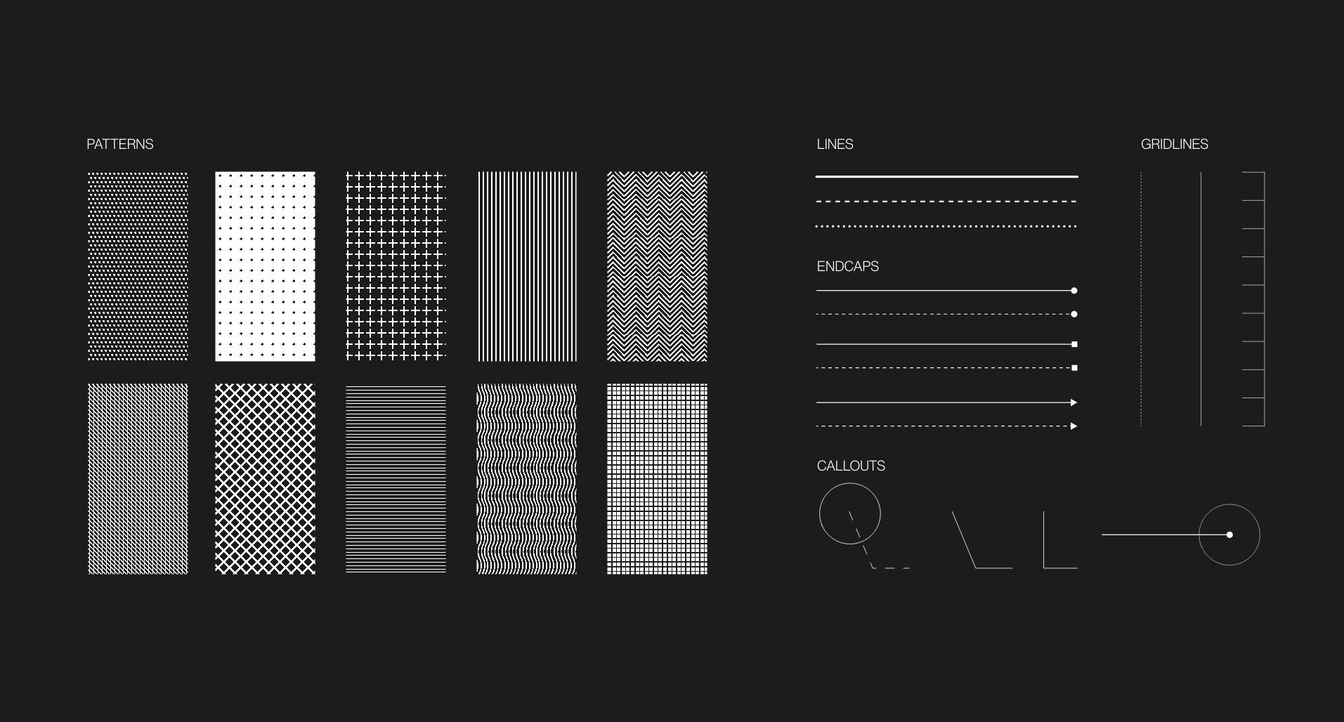 A black background displays various white graphic elements: twelve rectangular pattern samples, different types of dashed and solid lines, gridlines, line endcaps, and circular and linear callout designs.