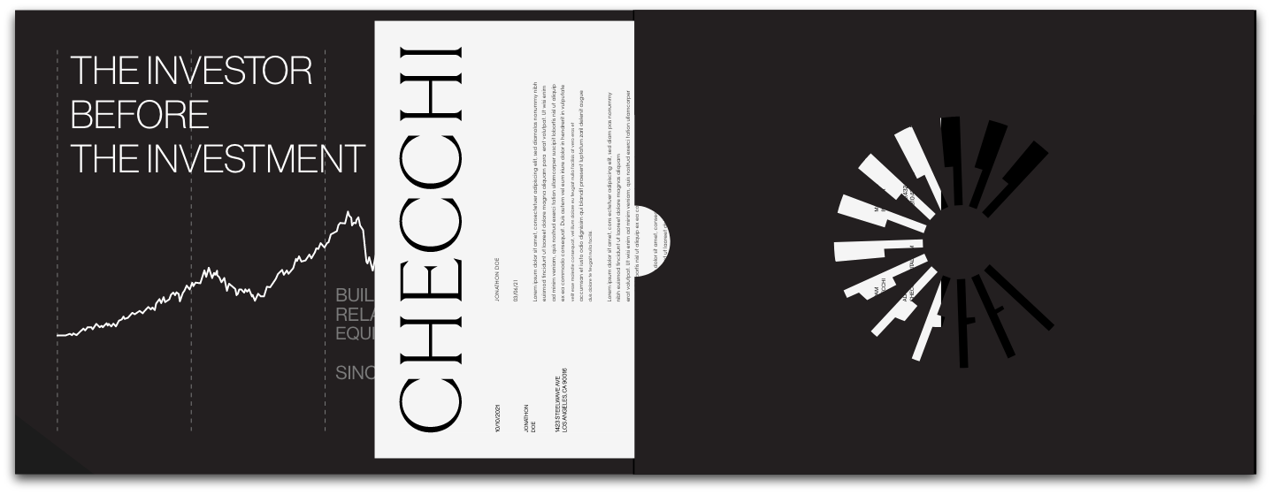 A modern black-and-white graphic design features the text THE INVESTOR BEFORE THE INVESTMENT next to a rising line graph, bold CHECCHI text vertically, and a radial bar chart on the right panel.