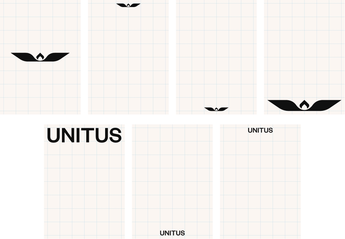 A grid of eight rectangles shows logo and text placement options for UNITUS branding, with the logo and wordmark positioned in various corners and center areas on a grid background.