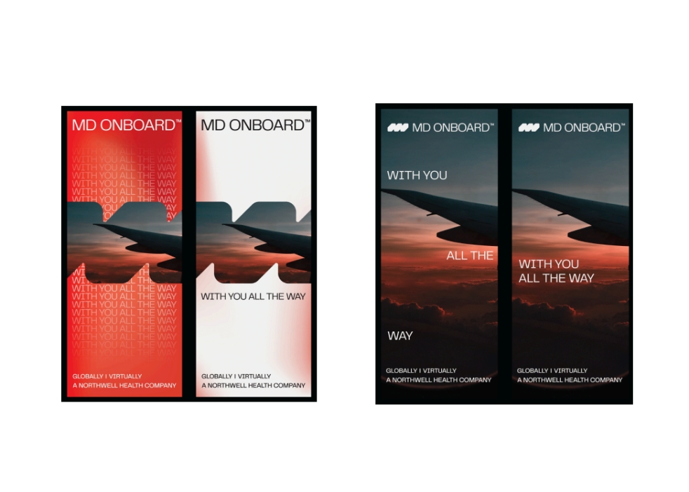 Four vertical banners with an airplane wing seen through a window against a sunset sky. Text reads “MD Onboard. With you all the way. Globally | Virtually. A Northwell Health Company.” Backgrounds are red and dark tones.