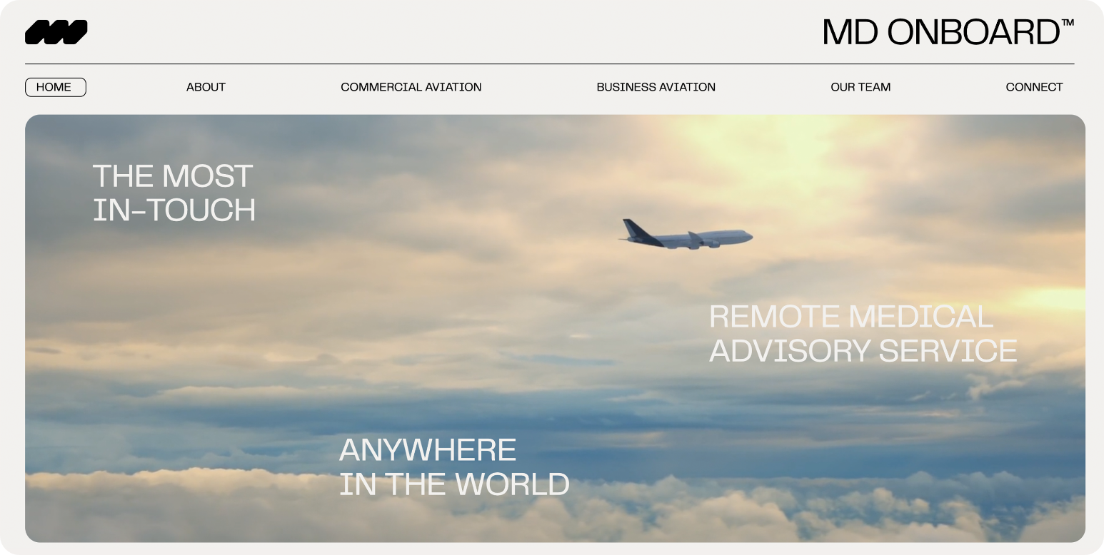 A commercial airplane flies above the clouds at sunset, with text overlay reading THE MOST IN-TOUCH, ANYWHERE IN THE WORLD, and REMOTE MEDICAL ADVISORY SERVICE. Website navigation is visible at the top.