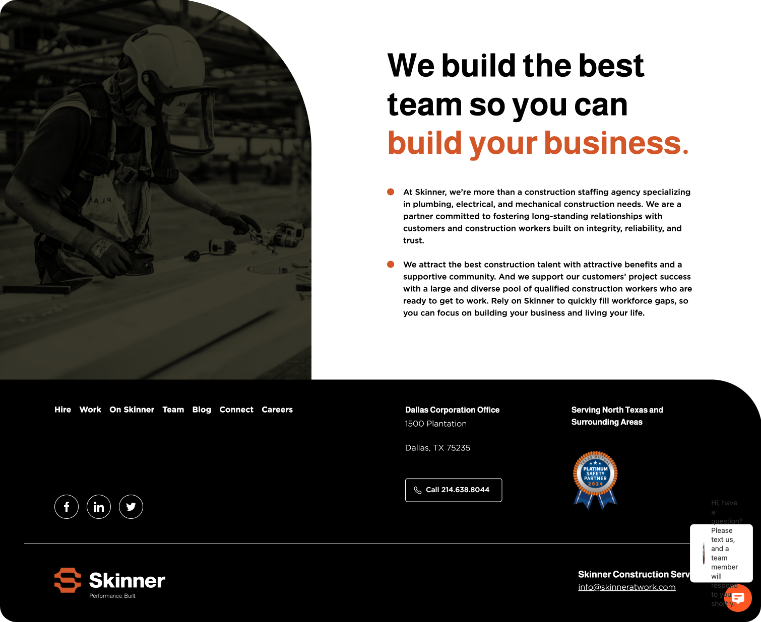 A website section featuring a worker in safety gear, with text promoting Skinner as a construction staffing agency. Contact info, navigation links, and a build your business headline are displayed on a white and black background.