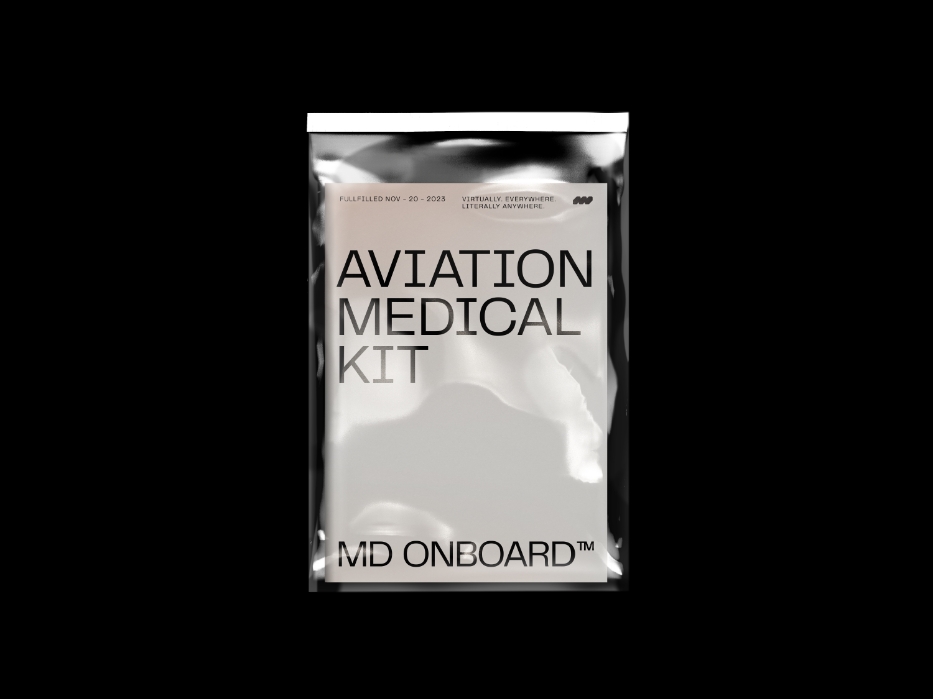 A silver foil package labeled Aviation Medical Kit and MD Onboard against a black background, designed for emergency use on flights.
