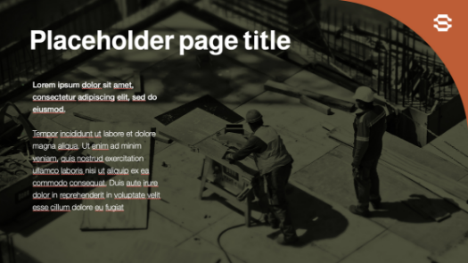 Two construction workers are working on a building site with wooden planks and tools. The left side features a dark overlay with placeholder text for a page title and body copy in white and red.