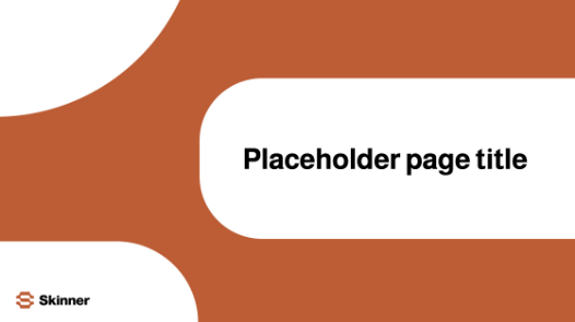 A graphic with a brown background and white curved shapes. The center has a white box with bold black text reading Placeholder page title. The bottom left corner displays the Skinner logo and name.