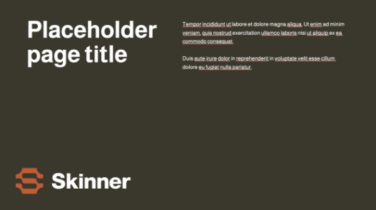 A dark background with the text Placeholder page title on the left, two paragraphs of lorem ipsum text on the right, and an orange Skinner logo with the word Skinner at the bottom left.