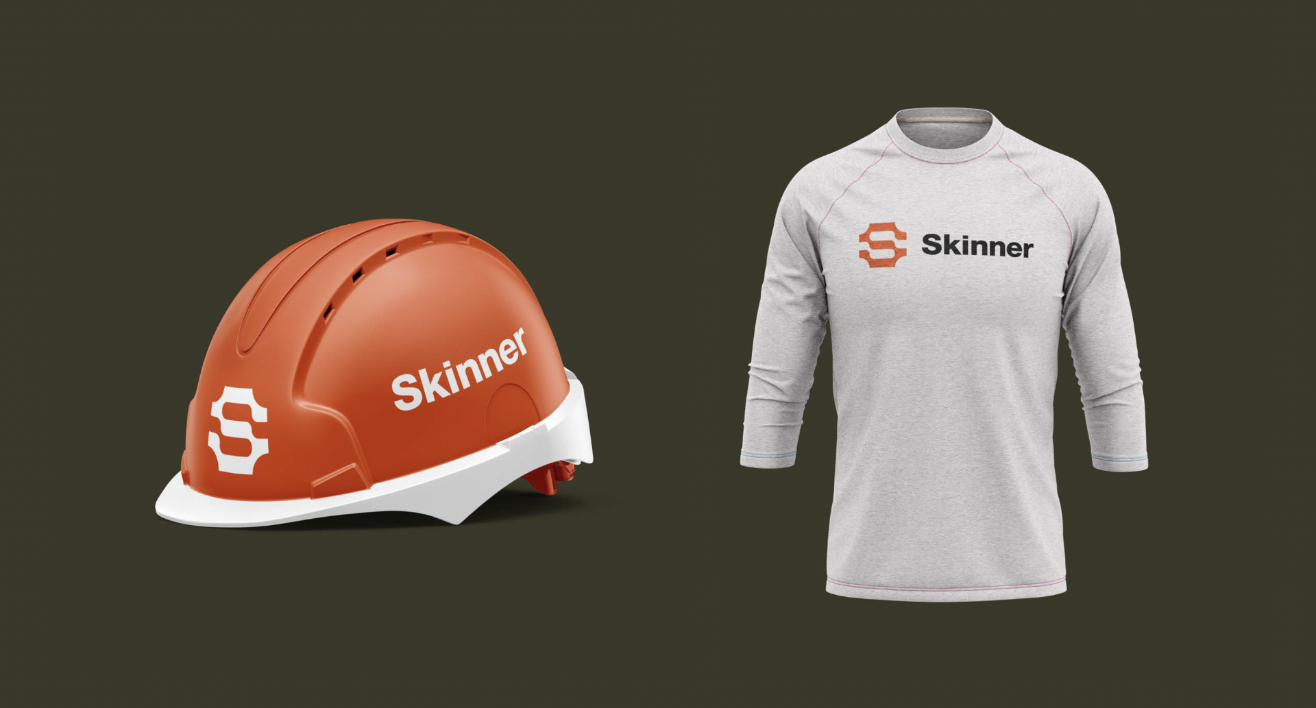An orange hard hat with the word Skinner and a stylized S logo next to a light gray long-sleeve shirt featuring the same logo and text, both on a dark background.