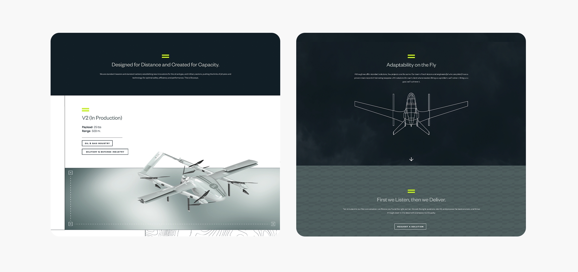Two website sections feature drone technology. The left section shows a 3D render of a large, gray drone with four rotors. The right section displays a technical line drawing of a drone from a top view, with descriptive text above and below.