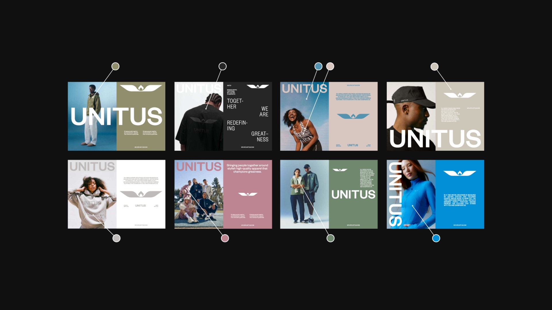 A grid of ten UNITUS brand posters featuring diverse models in casual and athletic clothing, bold text, and the UNITUS logo on various backgrounds in green, black, blue, pink, and white.