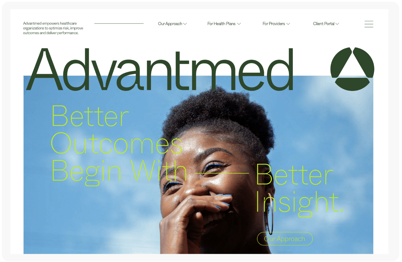 Homepage of Advantmed featuring a smiling woman in the foreground with the text “Better Outcomes Begin With Better Insight” and site navigation links at the top.