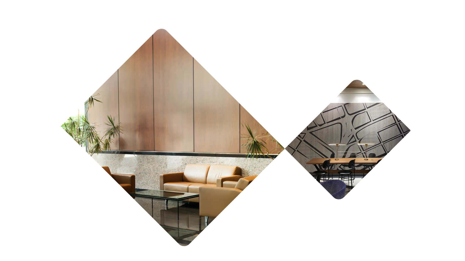 Two diamond-shaped frames show a modern lobby with tan sofas and plants on the left, and a stylish conference room with a long table and geometric wall art on the right, both on a white background.