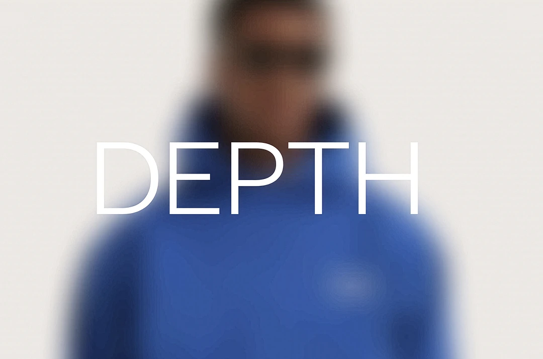 A person wearing a blue hoodie stands against a light background, blurred out of focus. The word DEPTH is displayed in large, clear white letters across the center of the image.