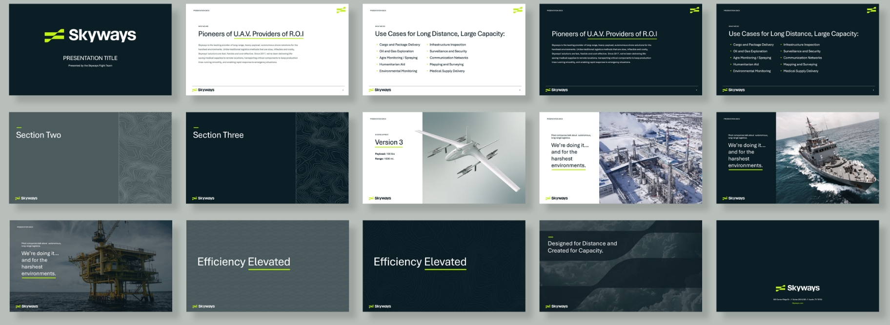 A presentation slide deck for Skyways features slides with text sections, images of aircraft and oil rigs, and headings like Efficiency Elevated and Use Cases for Long Distance, Large Capacity.