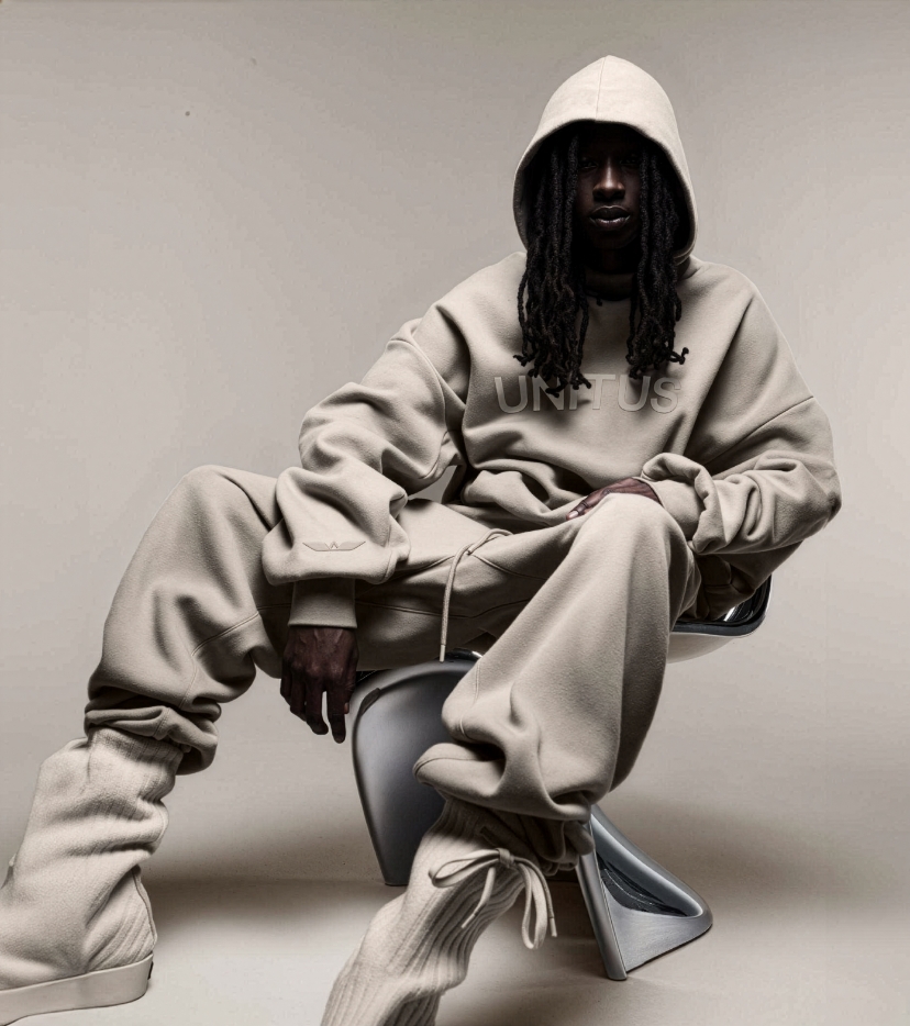 A person with long hair, wearing an oversized beige hoodie and matching sweatpants, sits on a modern chair with a neutral background. The hoodie has UNFUS text on the front. The person’s hood is up.