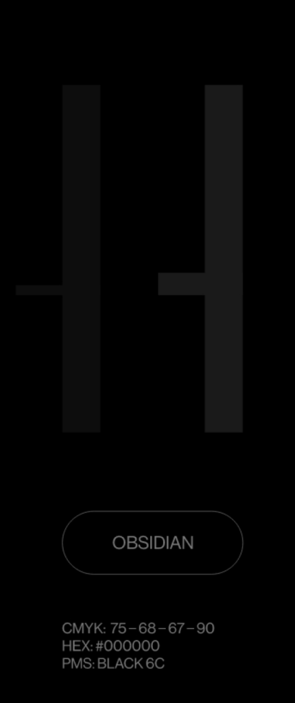 Black background with two large, dark gray vertical rectangles and a horizontal line overlapping them. At the bottom, a button labeled OBSIDIAN appears, with black color codes listed below.