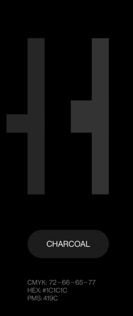 A dark gray letter H on a black background, with a black oval button below labeled “CHARCOAL.” Color details (CMYK, HEX, PMS) are listed at the bottom in small gray text.