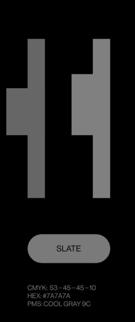 A digital graphic displays two vertical, gray, rectangular shapes, with one having an extra horizontal block on the left. Below, an oval button labeled SLATE and color information in CMYK, HEX, and PMS codes appear.